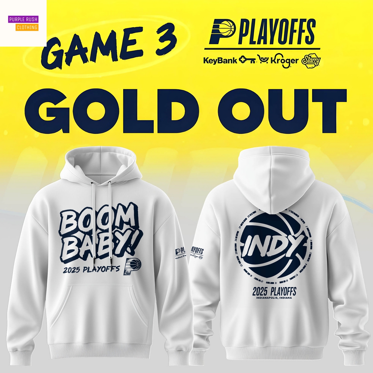 Indiana Pacers Boom Baby 2025 Playoffs White Hoodie Indiana Pacers Boom Baby 2025 Playoffs White Hoodie