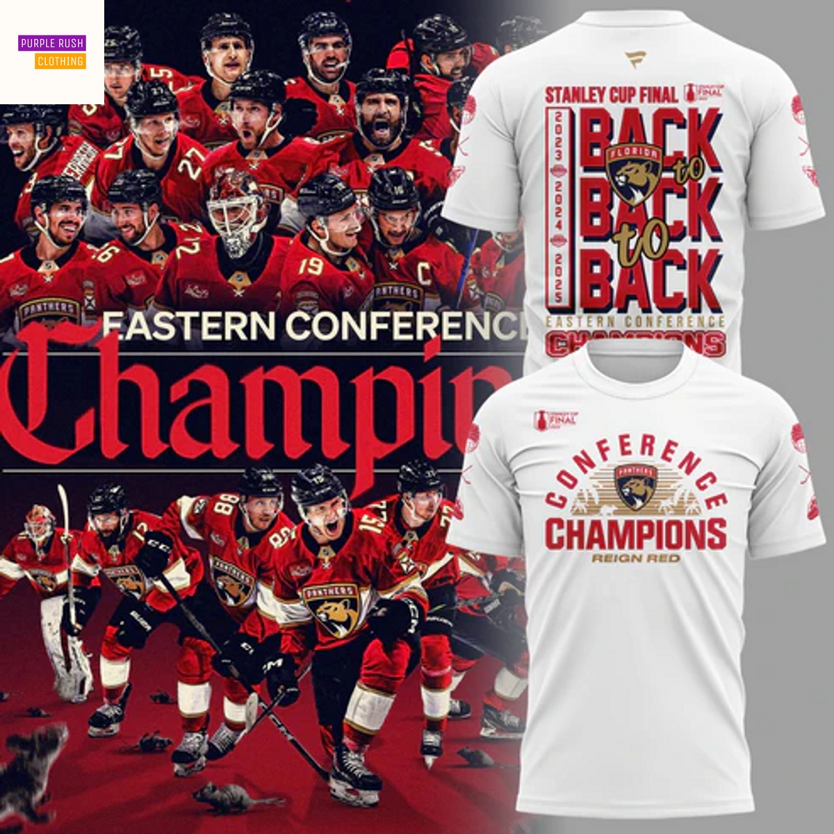 Florida Panthers Back-To Back-To-Back Eastern Conference Champions 2025 Reign Red 3D T-Shirt - White Florida Panthers Back-To Back-To-Back Eastern Conference Champions 2025 Reign Red 3D T-Shirt - White